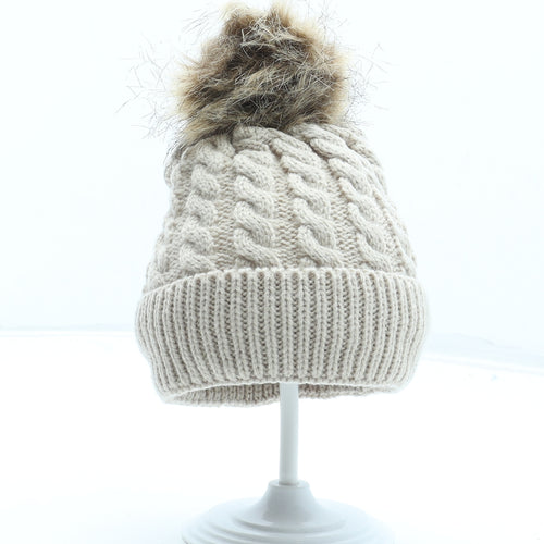 Preworn Girls Beige Acrylic Bobble Hat One Size - Faux Fur Matching Gloves