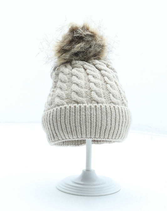 Preworn Girls Beige Acrylic Bobble Hat One Size - Faux Fur Matching Gloves