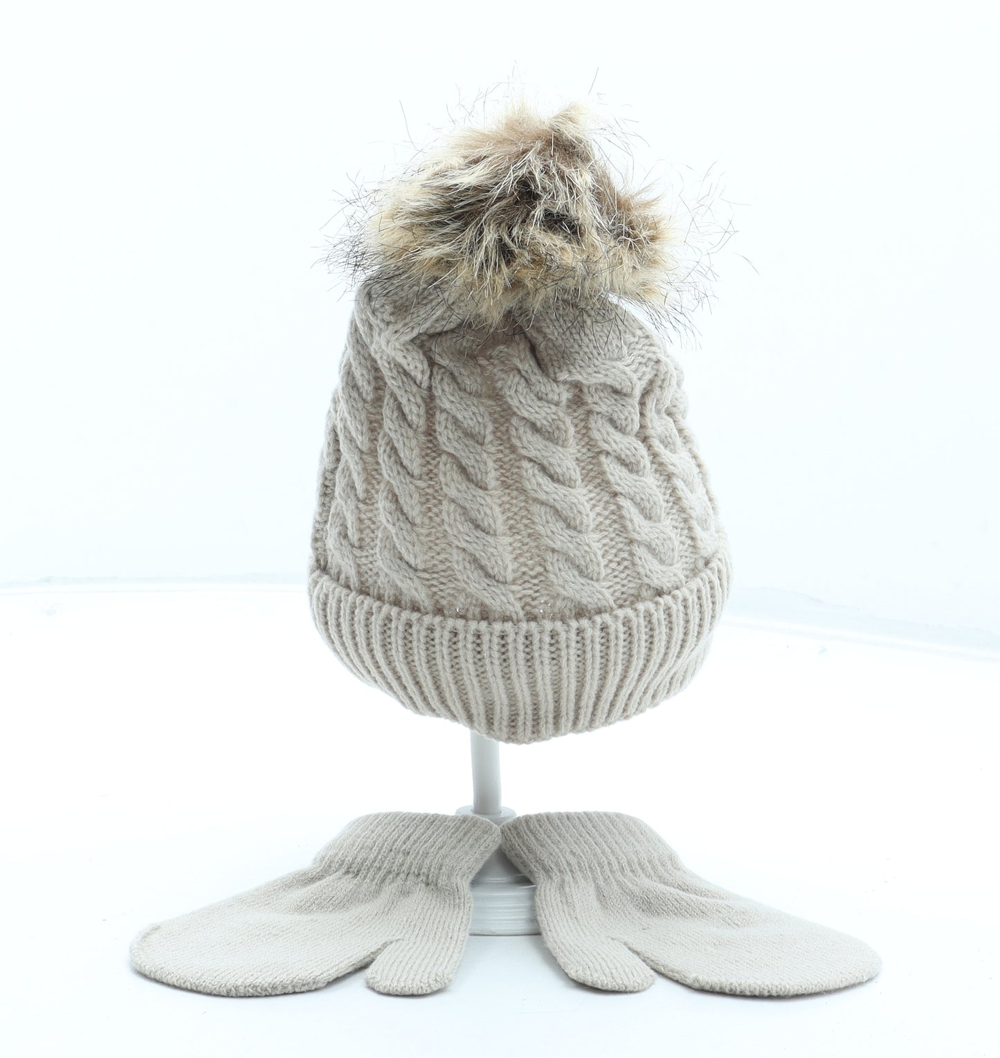 Preworn Girls Beige Acrylic Bobble Hat One Size - Faux Fur Matching Gloves