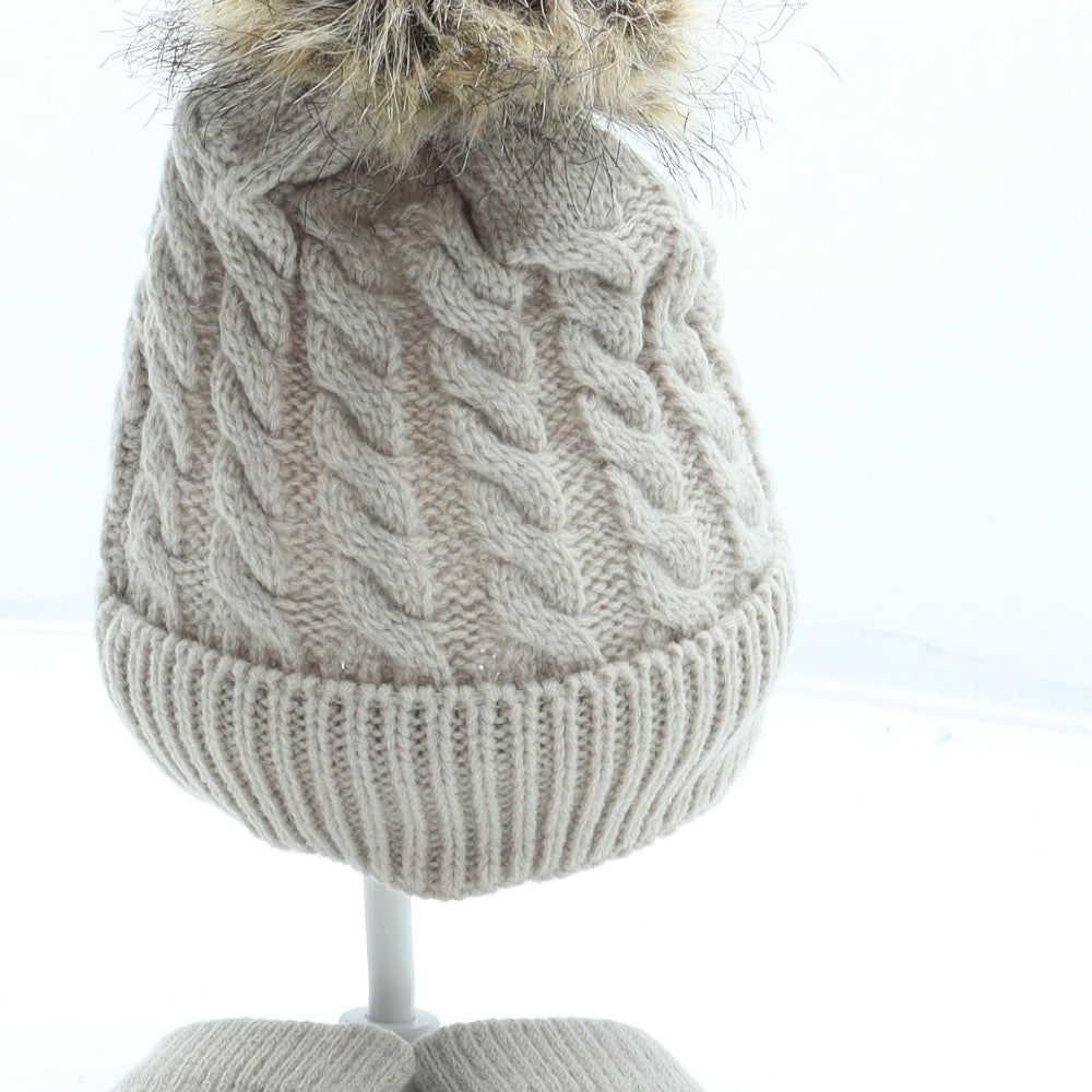 Preworn Girls Beige Acrylic Bobble Hat One Size - Faux Fur Matching Gloves