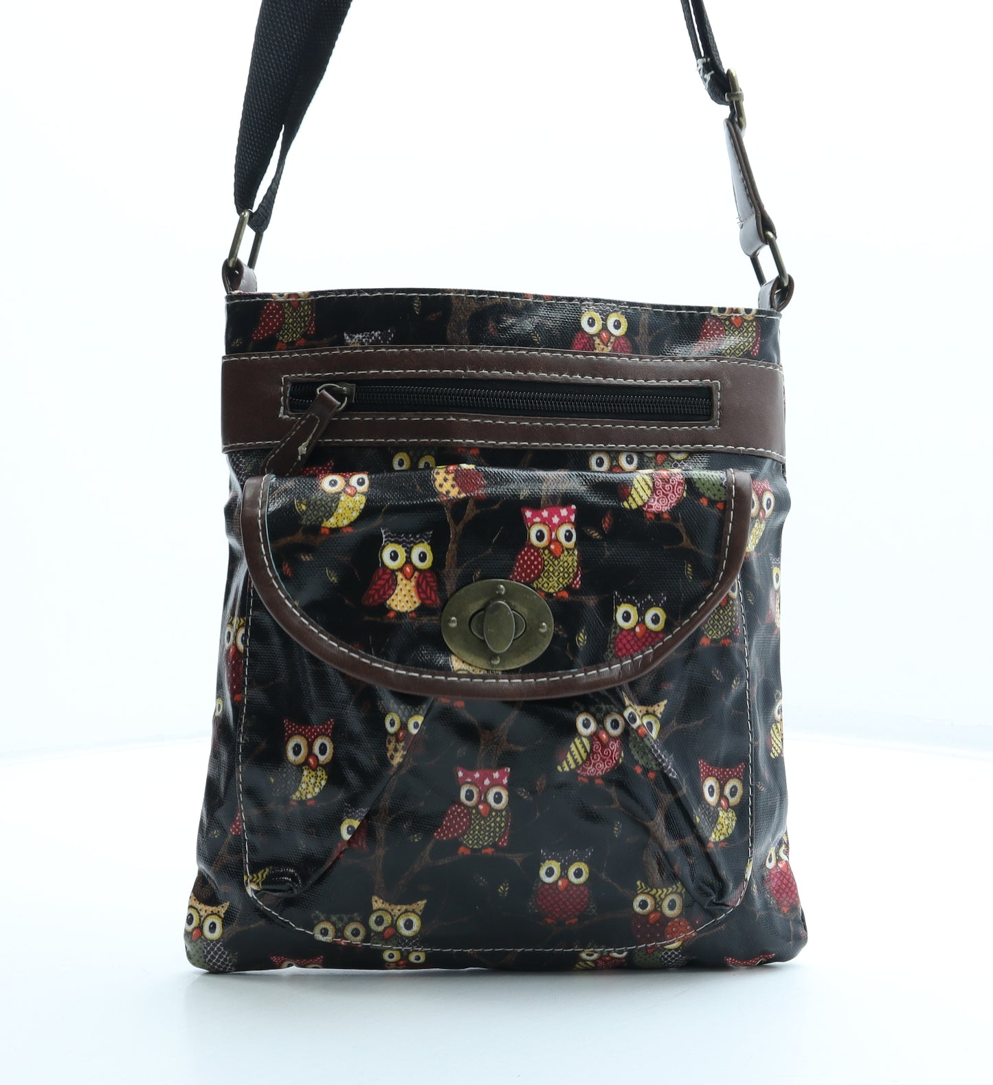 Preworn Womens Black Geometric Polyurethane Crossbody Size Small - Bag depth 2cm Owls