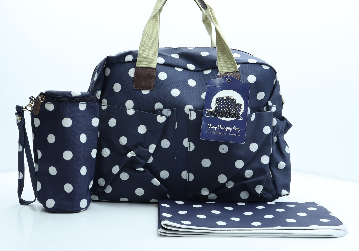Preworn Womens Blue Polka Dot Polyurethane Duffle Size Large - Baby Changing Bag Bottle Holder Changing Mat