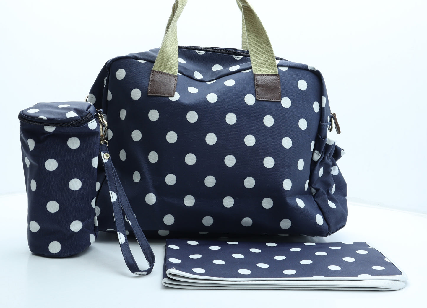 Preworn Womens Blue Polka Dot Polyurethane Duffle Size Large - Baby Changing Bag Bottle Holder Changing Mat