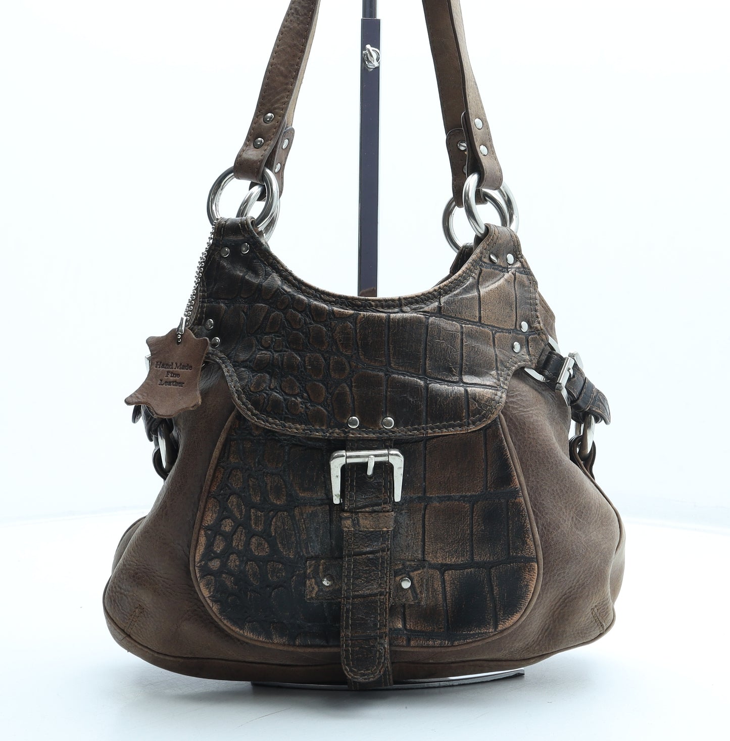 Preworn Womens Brown Animal Print Leather Shoulder Bag Size Medium - Croc Texture