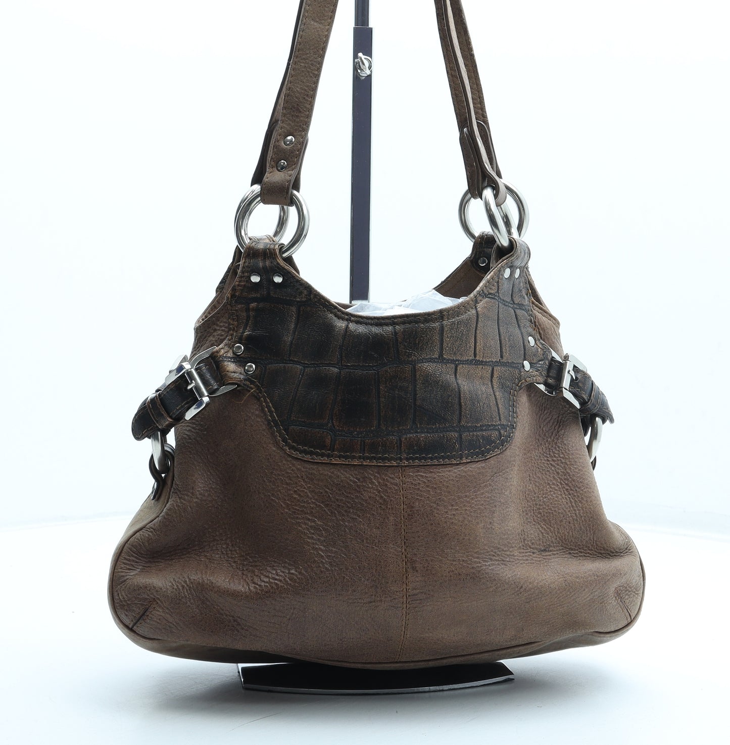 Preworn Womens Brown Animal Print Leather Shoulder Bag Size Medium - Croc Texture