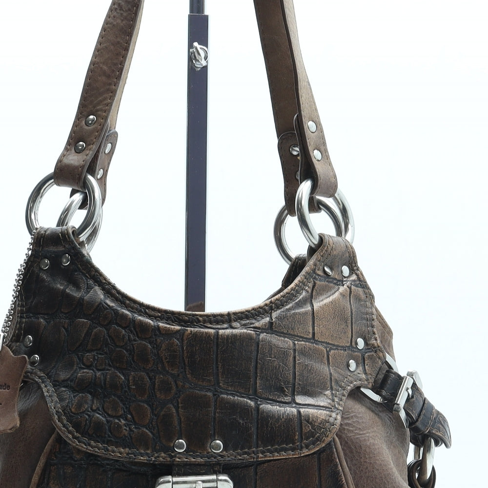 Preworn Womens Brown Animal Print Leather Shoulder Bag Size Medium - Croc Texture