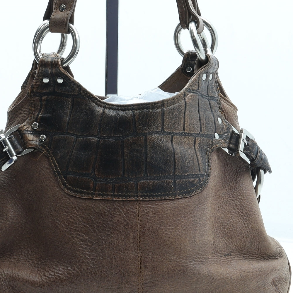 Preworn Womens Brown Animal Print Leather Shoulder Bag Size Medium - Croc Texture