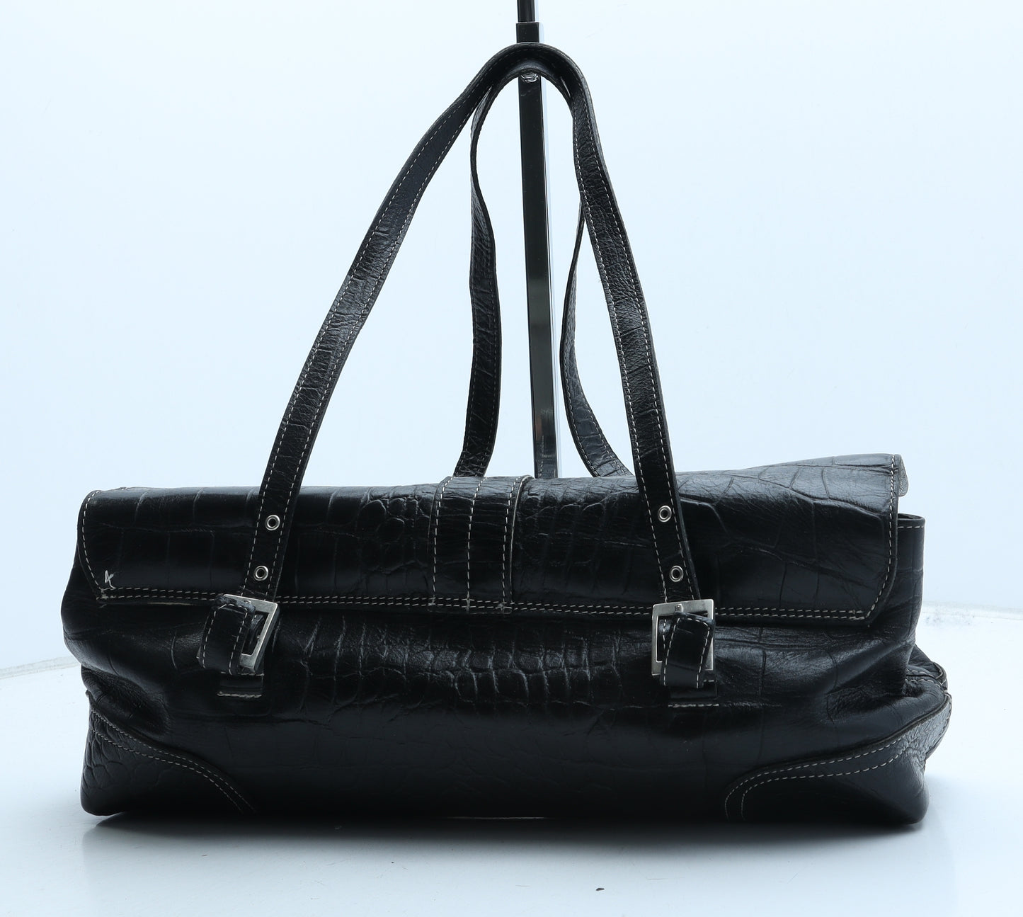 Dericci Womens Black Polyurethane Top Handle Bag Size Medium - Croc Texture