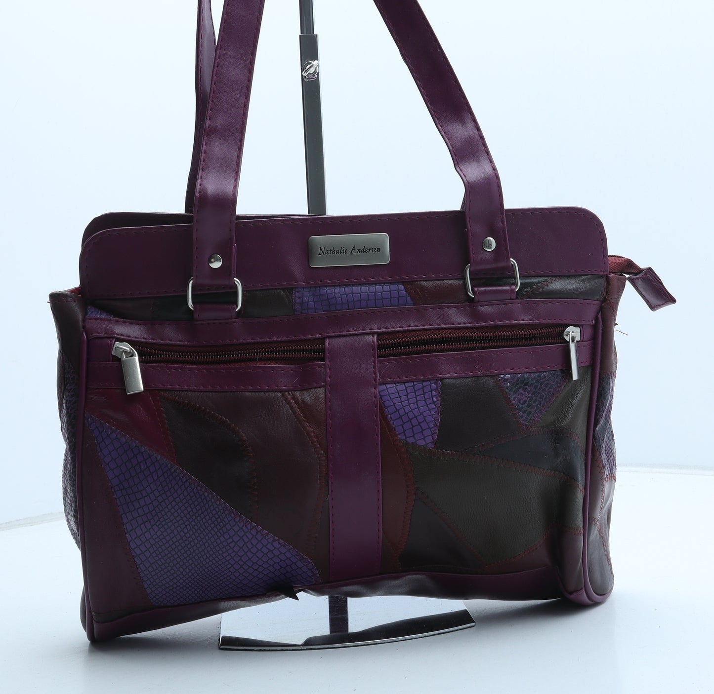 Nathalie Andersen Womens Purple Geometric Polyurethane Top Handle Bag Size Medium