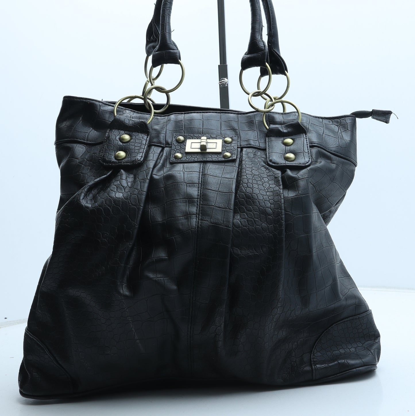 Preworn Womens Black Polyurethane Top Handle Bag Size Large - Croc Texture