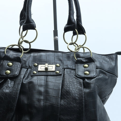 Preworn Womens Black Polyurethane Top Handle Bag Size Large - Croc Texture