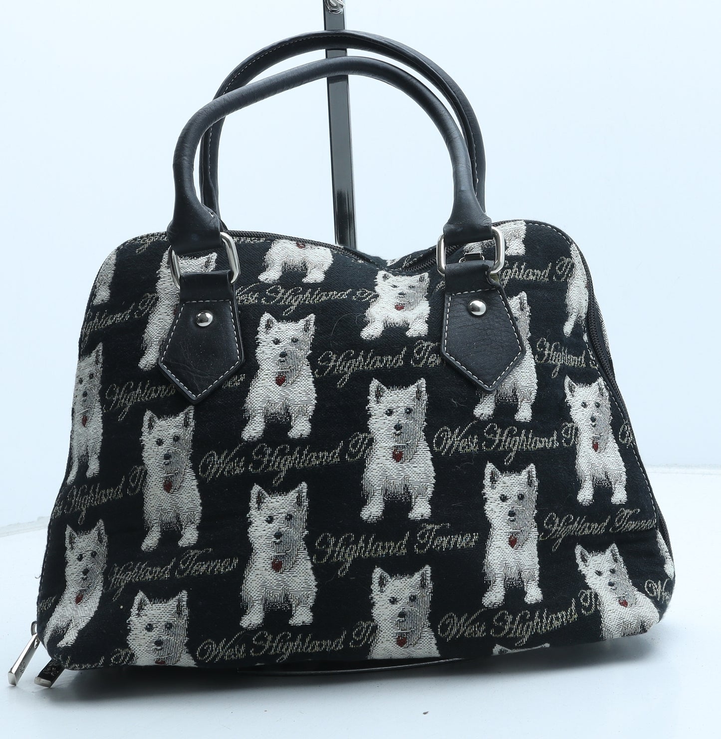 Preworn Womens Black Geometric Polyester Top Handle Bag Size Small - Dog Print