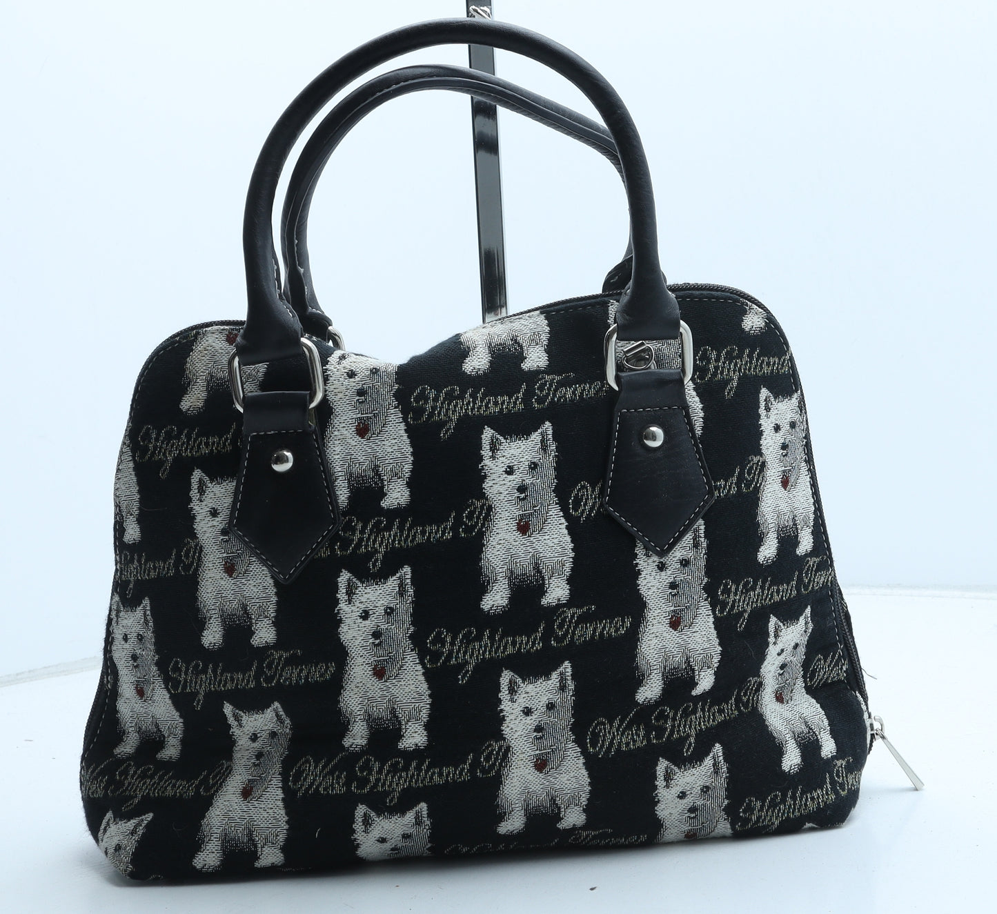 Preworn Womens Black Geometric Polyester Top Handle Bag Size Small - Dog Print
