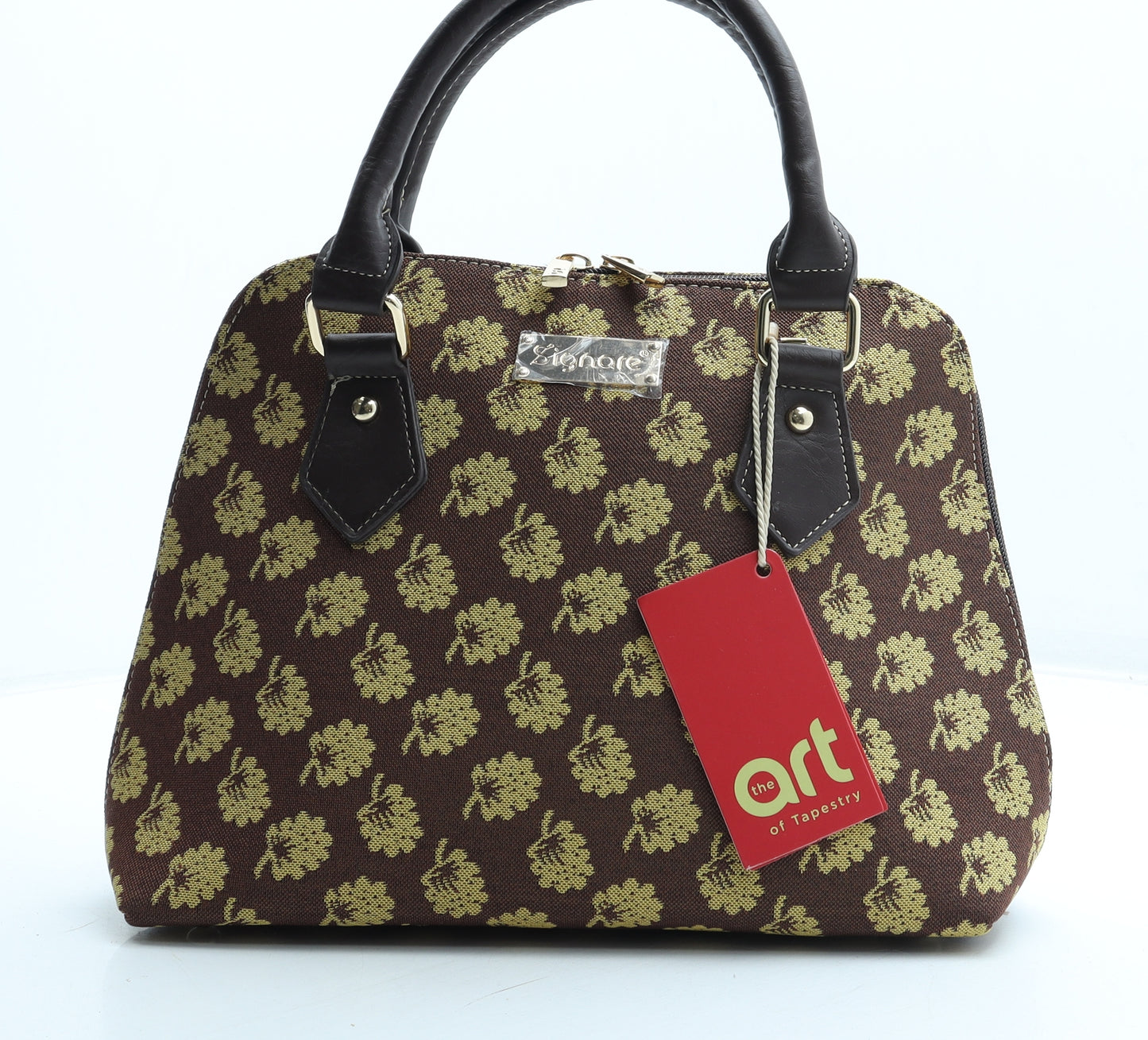 Signare Womens Brown Geometric Polyester Top Handle Bag Size Small