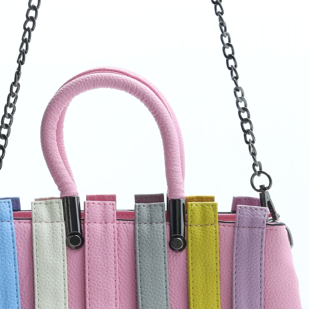 Preworn Womens Multicoloured Striped Polyurethane Top Handle Bag Size Small