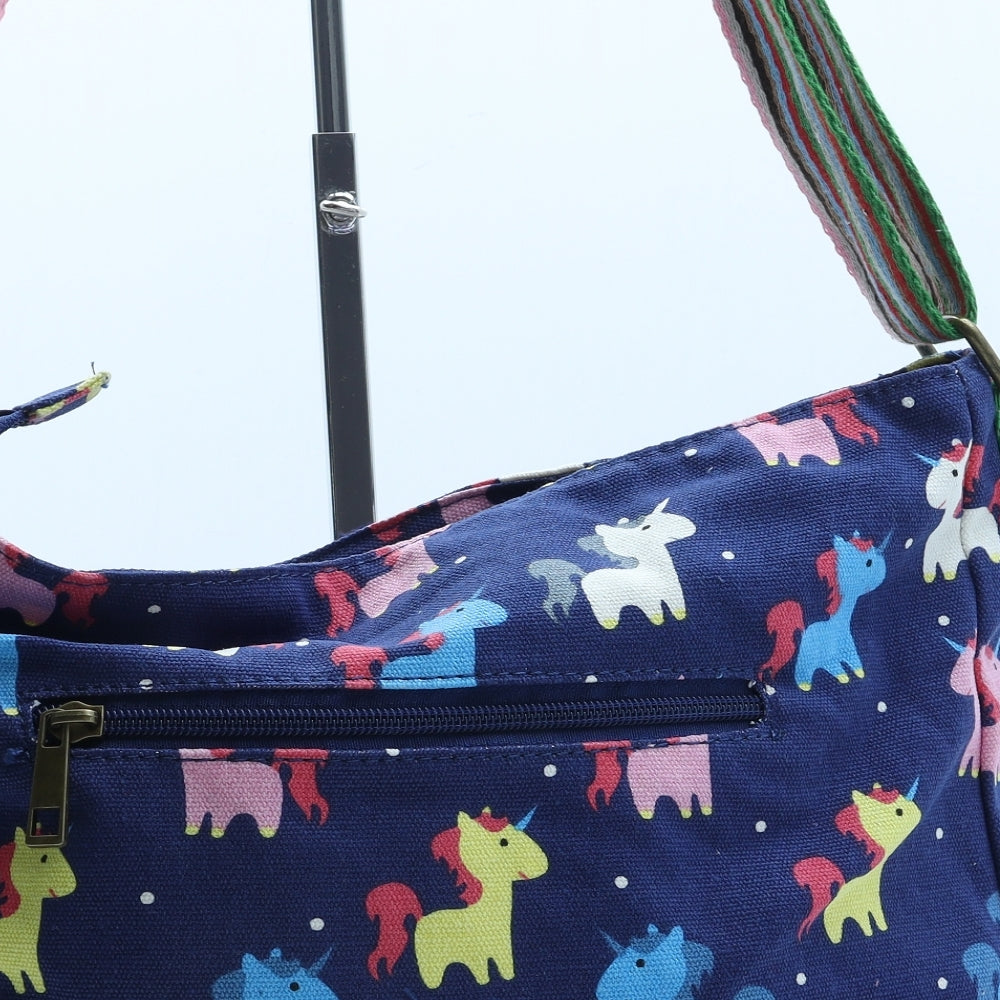 Have Best Womens Blue Geometric Polyester Crossbody Size Large - Unicorn Pattern