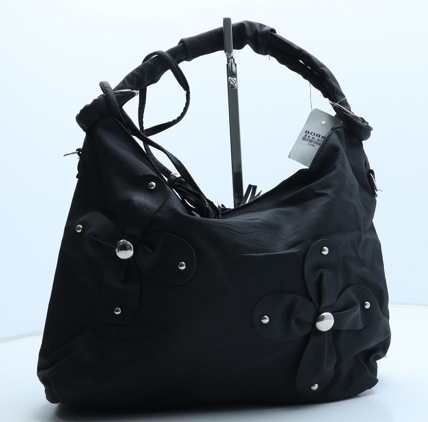 Preworn Womens Black Polyurethane Top Handle Bag Size Medium - Floral detail