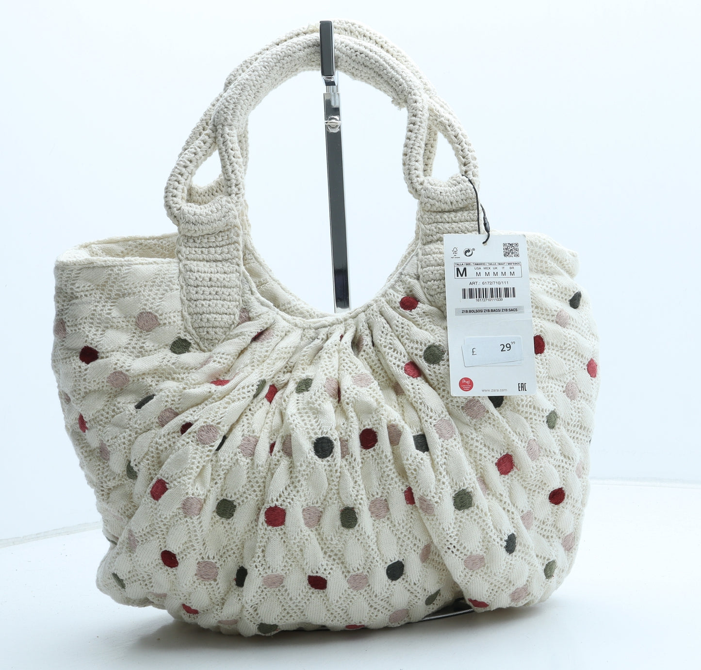Zara Womens Beige Polka Dot Cotton Top Handle Bag Size Large