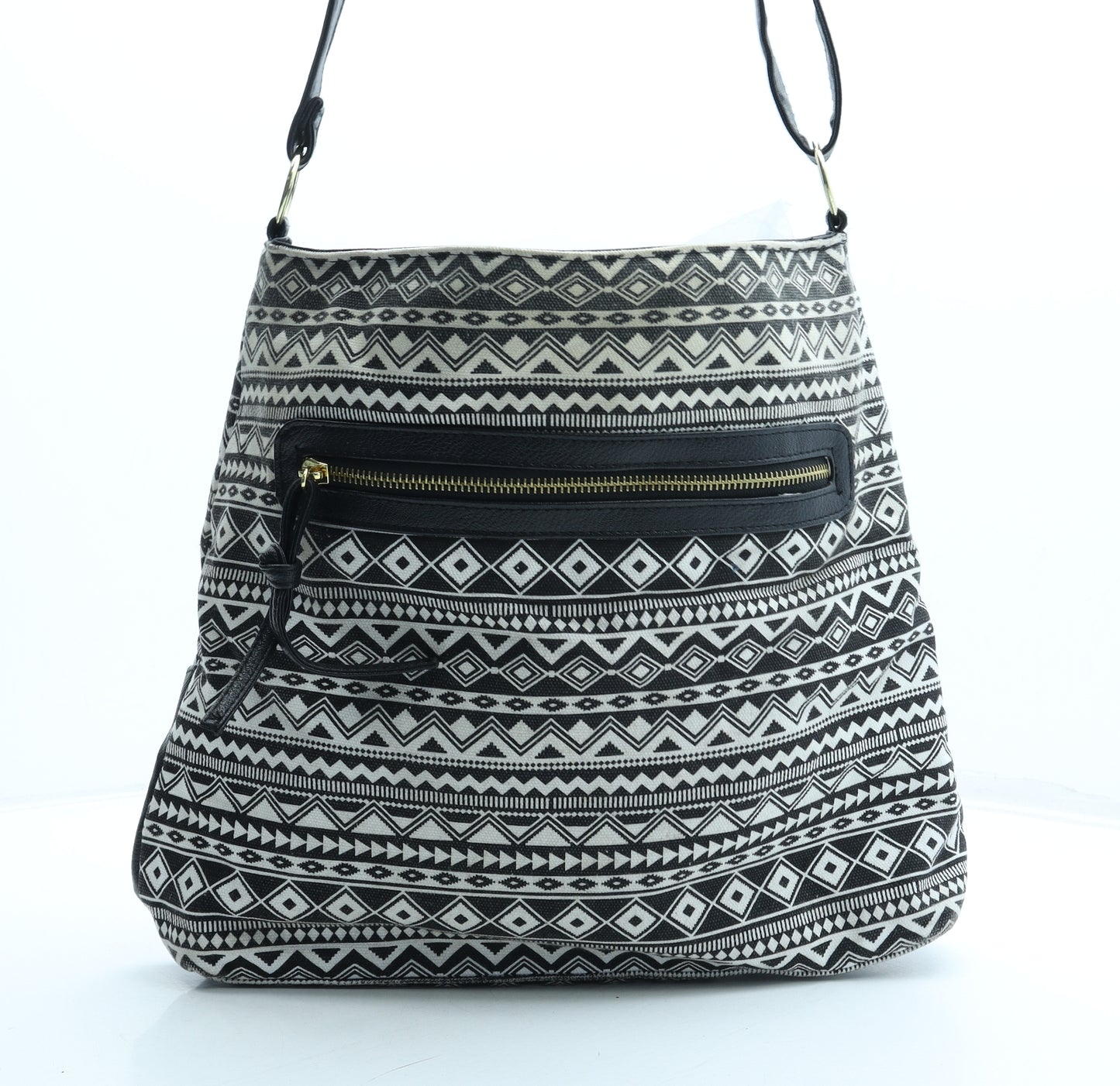 Preworn Womens Black Geometric Cotton Shoulder Bag Size Medium