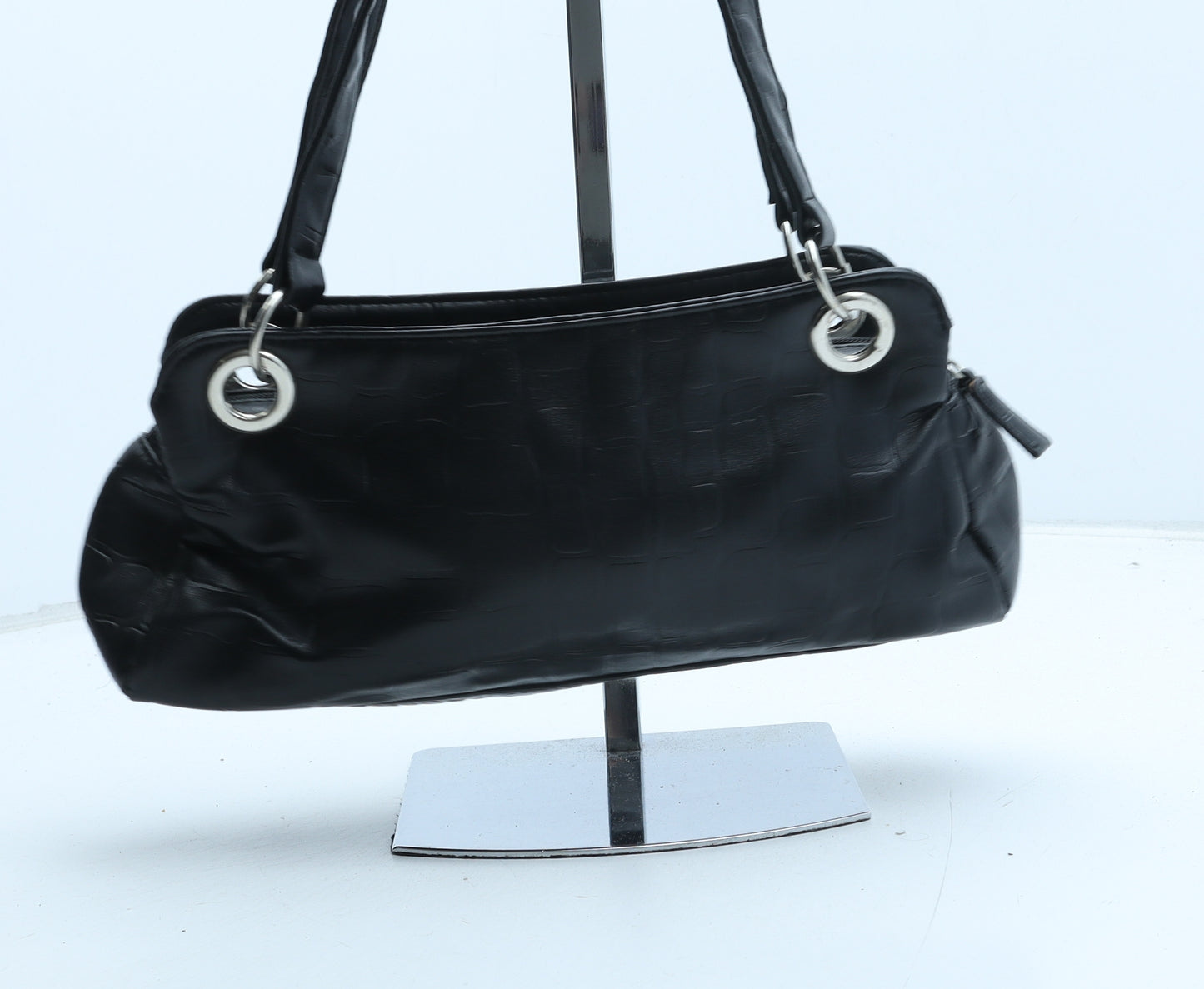 Preworn Womens Black Polyurethane Top Handle Bag Size Small - Croc Texture