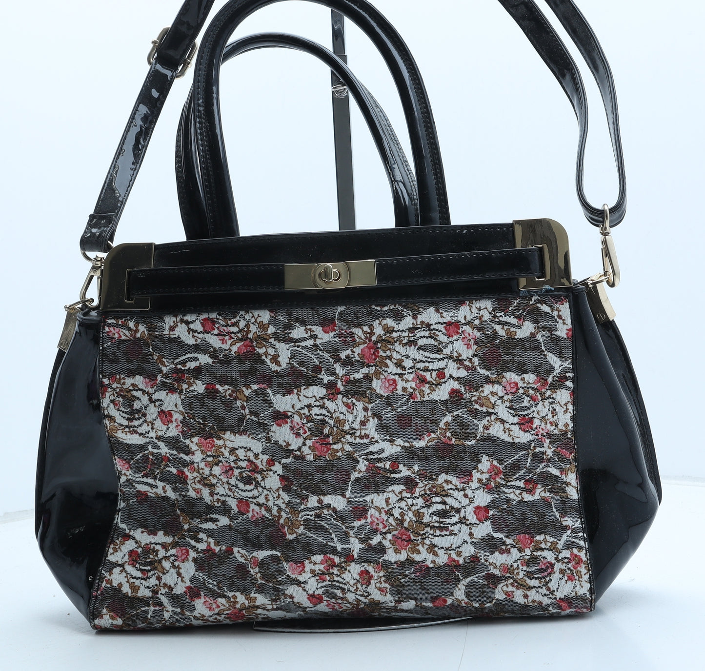 Preworn Womens Black Floral Polyurethane Hobo Bag Size Large