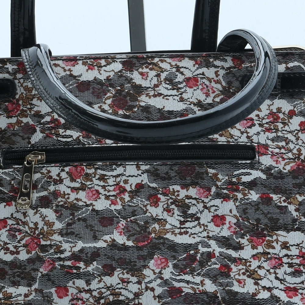 Preworn Womens Black Floral Polyurethane Hobo Bag Size Large