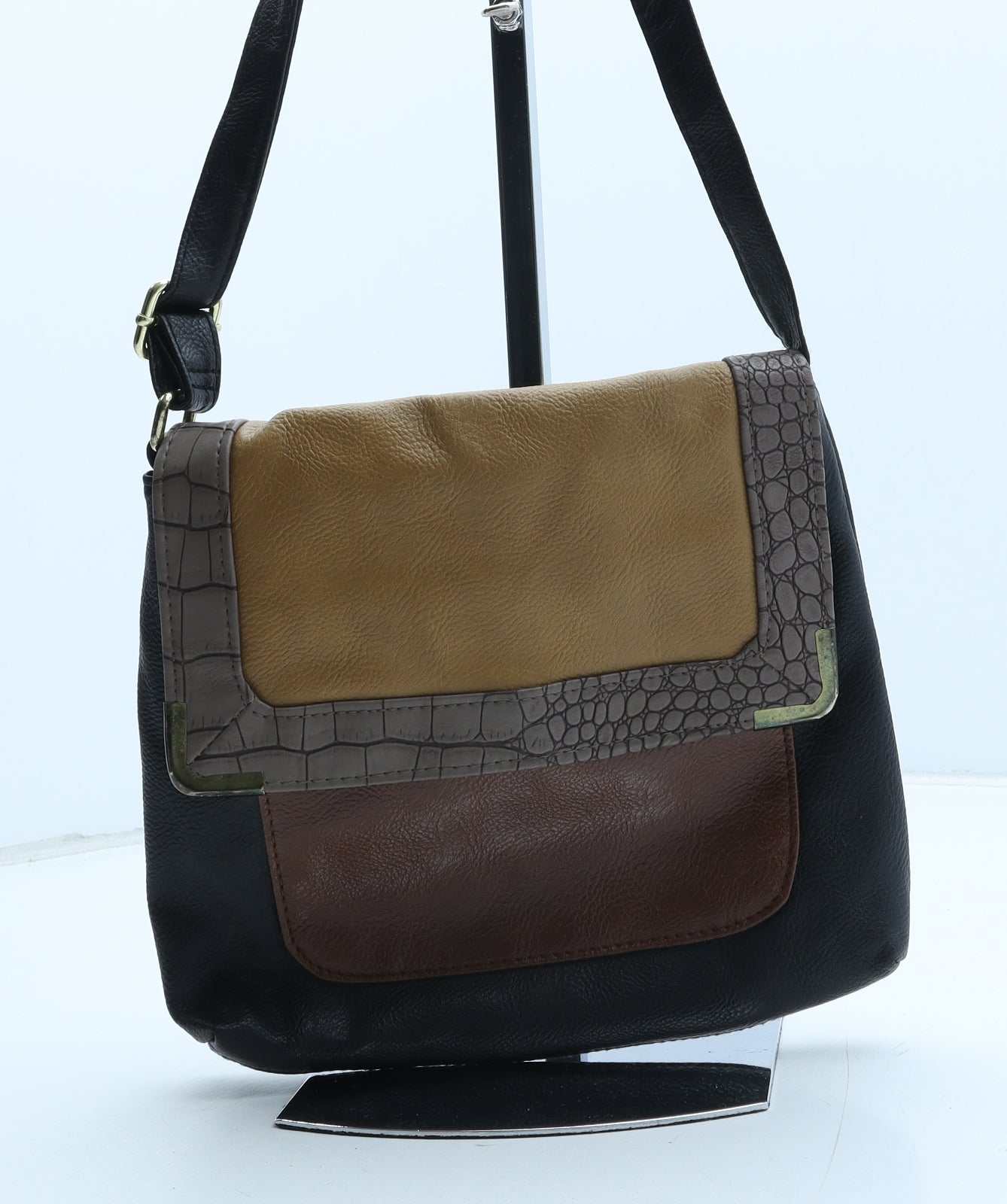 Preworn Womens Black Polyurethane Crossbody Size Small - Croc Texture