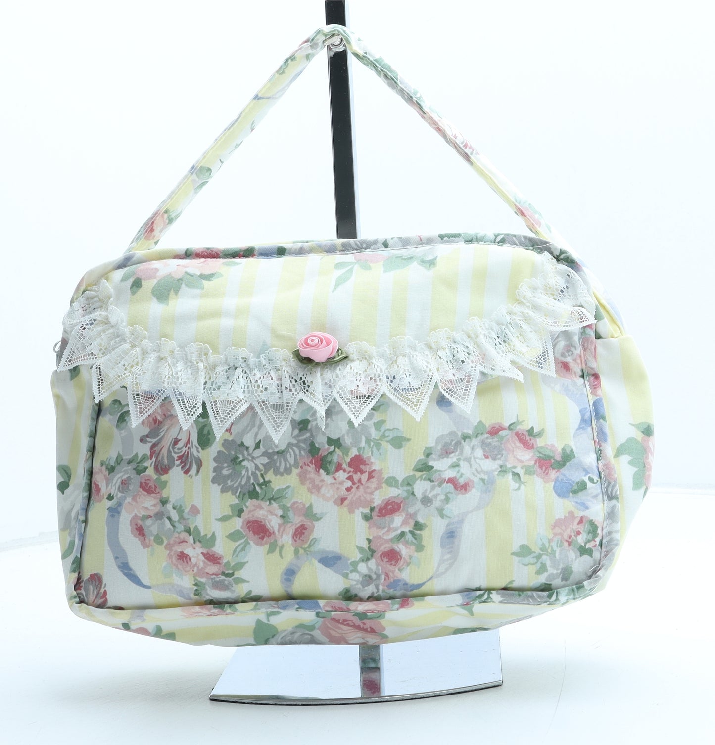 Preworn Womens Yellow Striped Polyester Top Handle Bag Size Medium - Floral detail