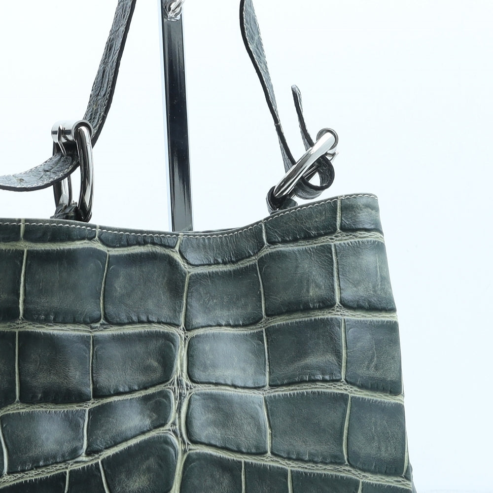 Puntotres Womens Green Leather Top Handle Bag Size Medium - Croc Texture