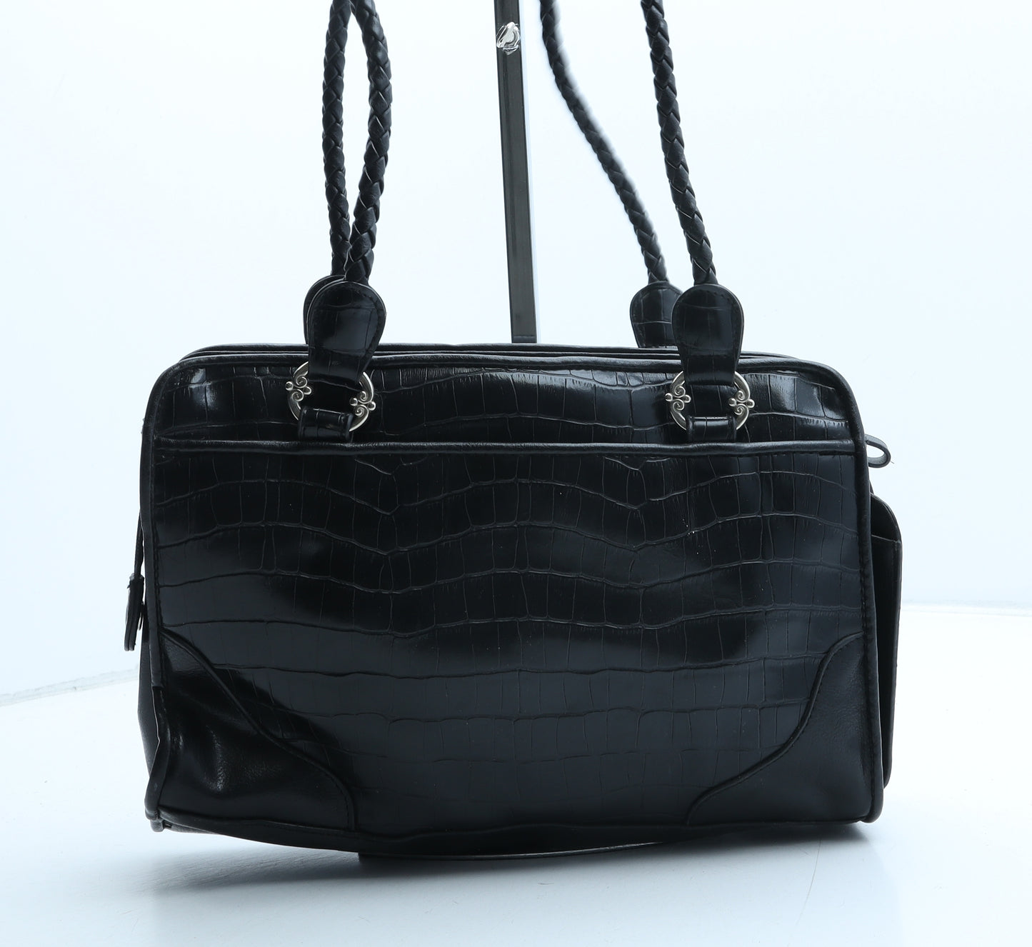 Preworn Womens Black Polyurethane Top Handle Bag Size Medium - Croc Texture