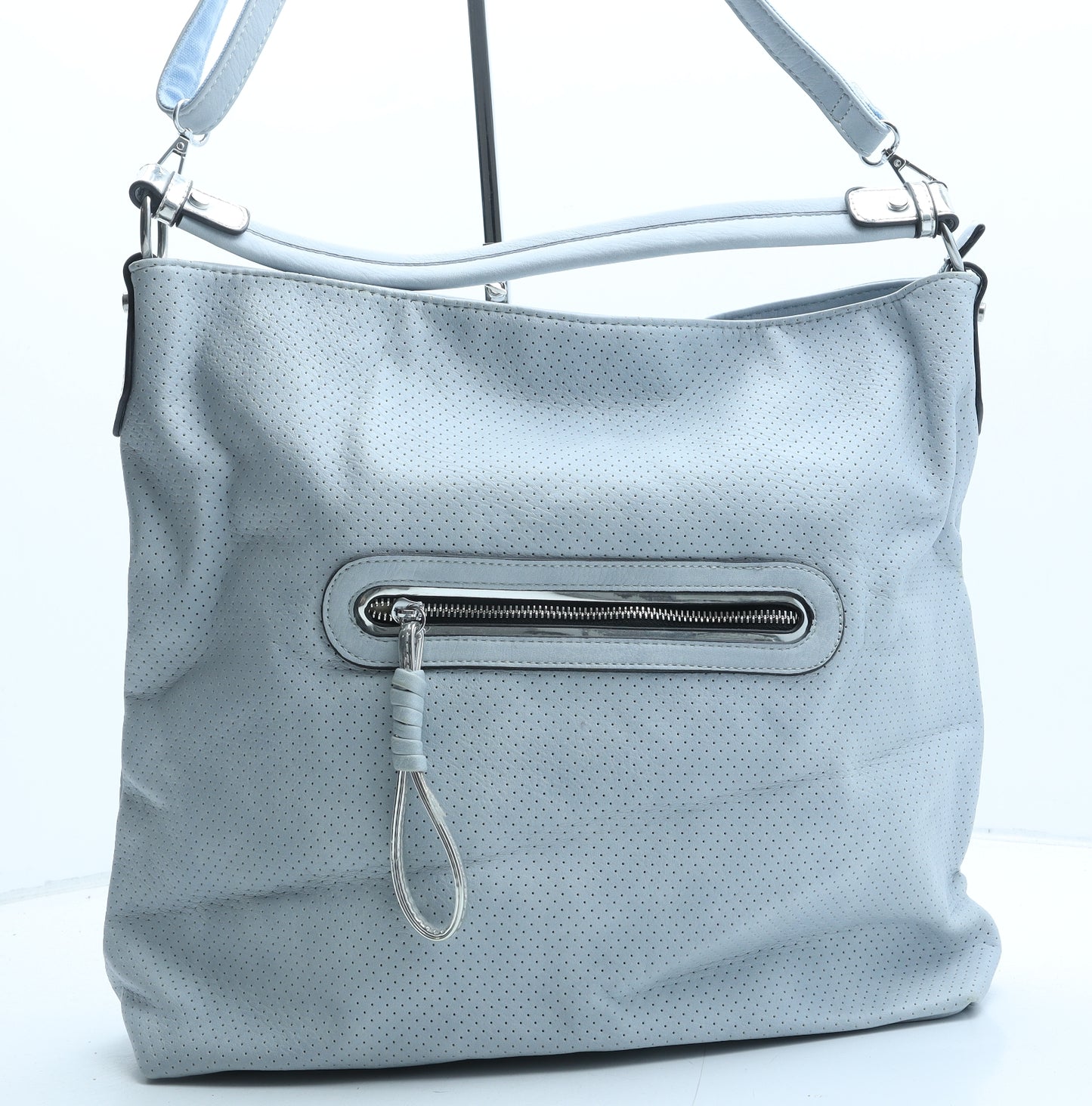 Preworn Womens Blue Polka Dot Polyurethane Hobo Bag Size Large