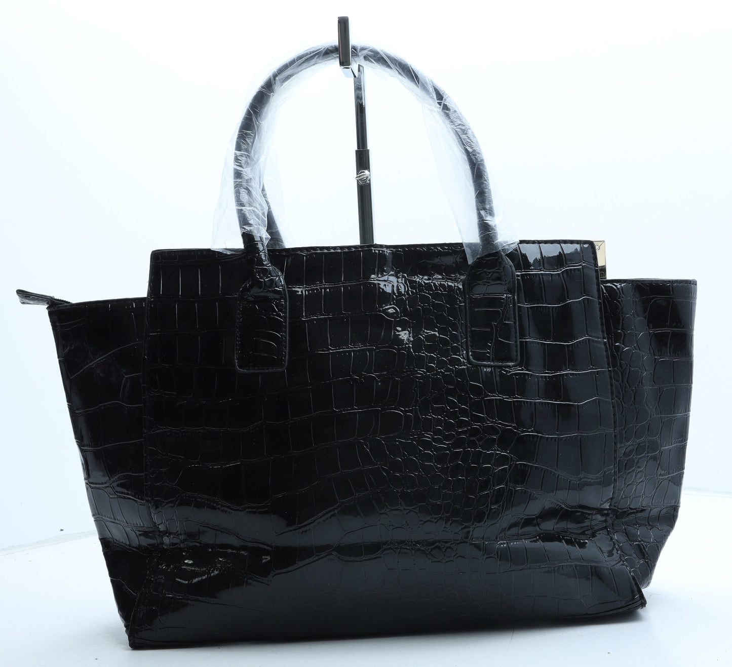 Preworn Womens Black Polyurethane Top Handle Bag Size Large - Croc Texture