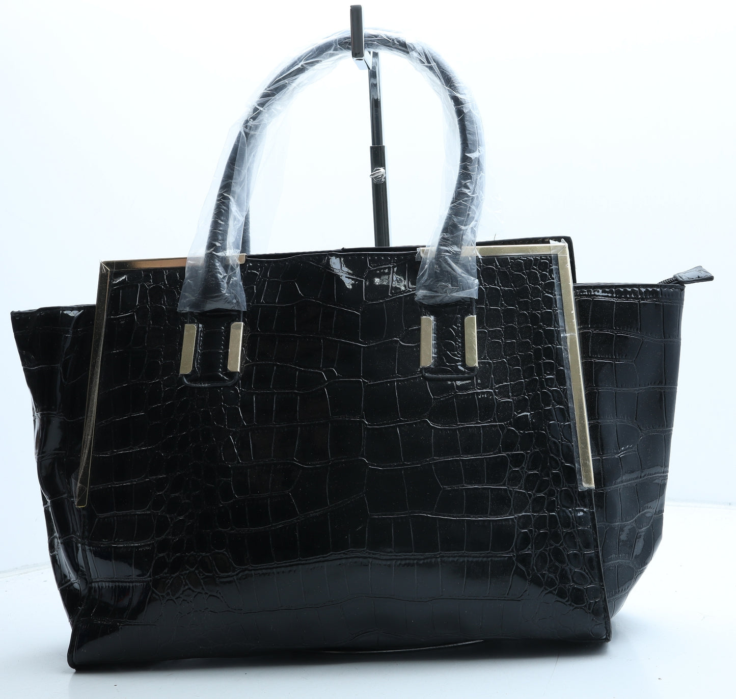 Preworn Womens Black Polyurethane Top Handle Bag Size Large - Croc Texture