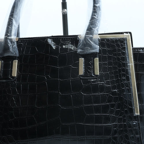 Preworn Womens Black Polyurethane Top Handle Bag Size Large - Croc Texture