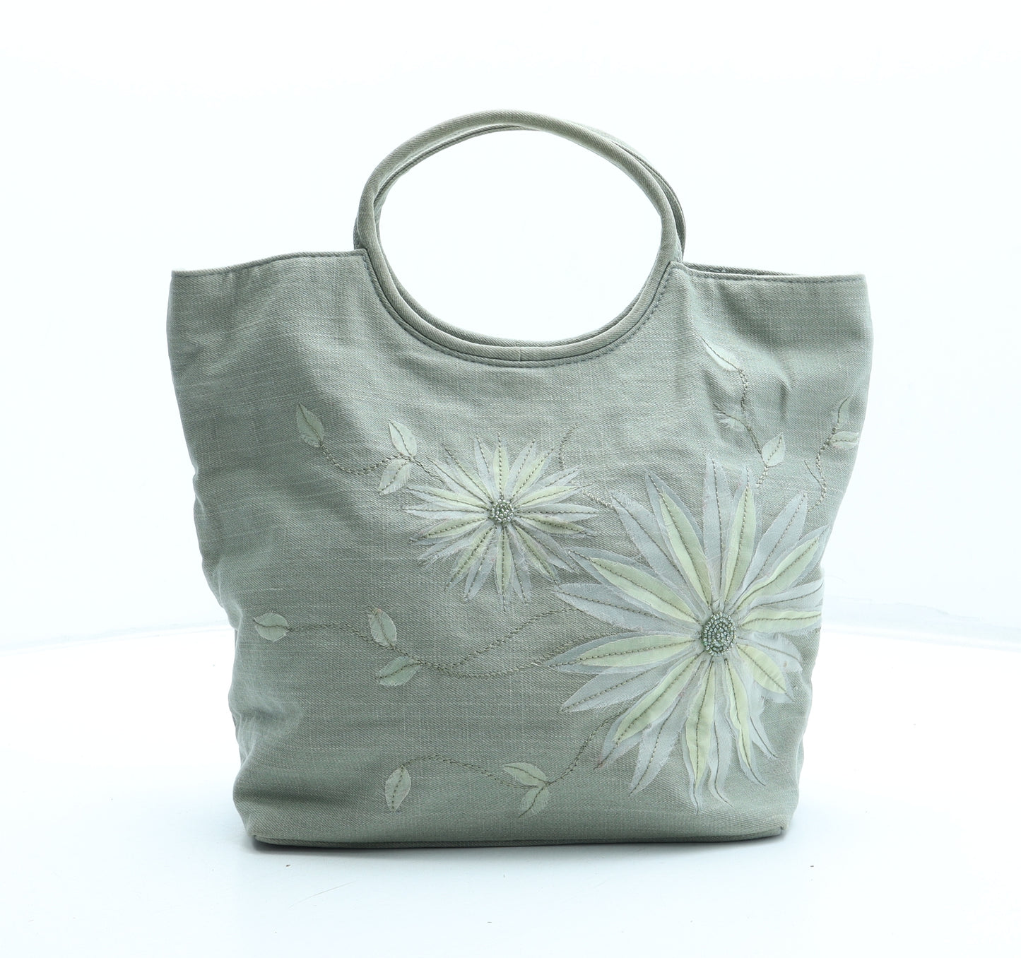 Preworn Womens Green Floral Cotton Top Handle Bag Size Medium