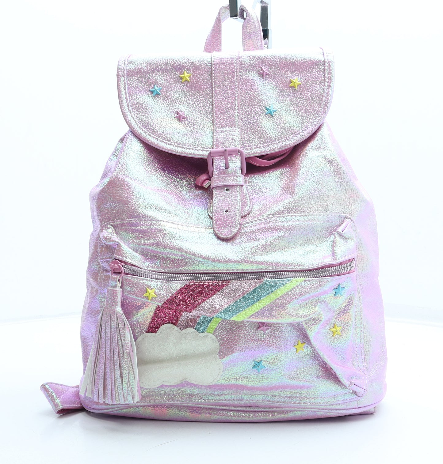 Preworn Girls Pink Geometric Polyurethane Backpack Size Medium Magnetic - Stars Rainbows