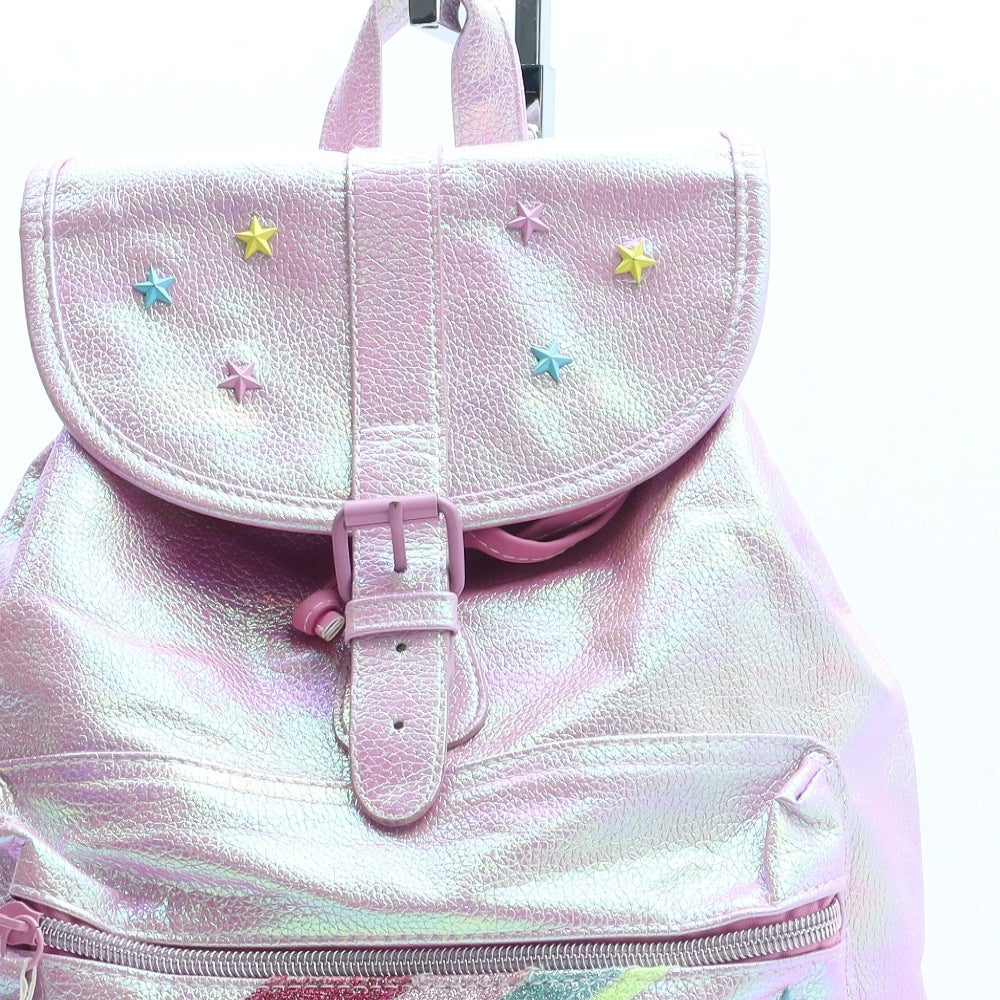 Preworn Girls Pink Geometric Polyurethane Backpack Size Medium Magnetic - Stars Rainbows