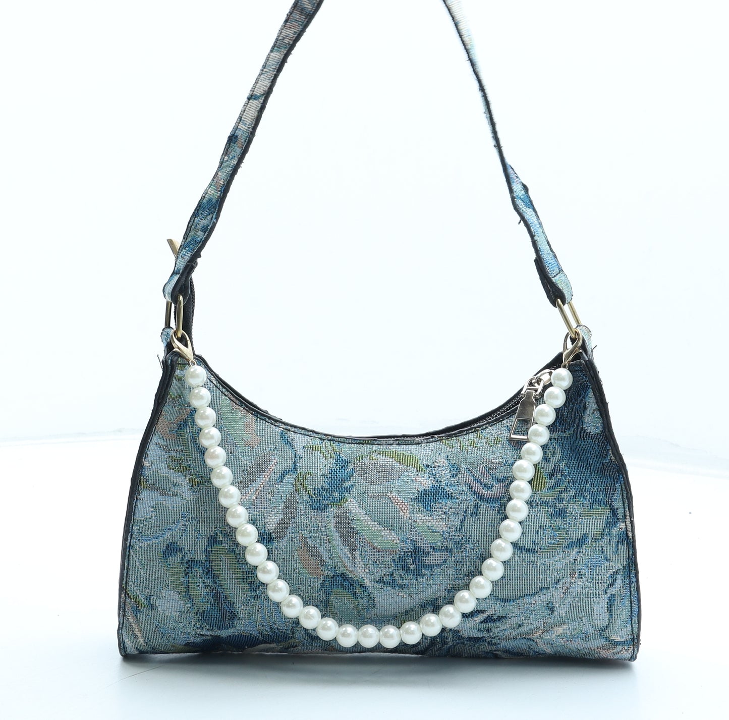 Preworn Womens Blue Floral Polyester Top Handle Bag Size Small