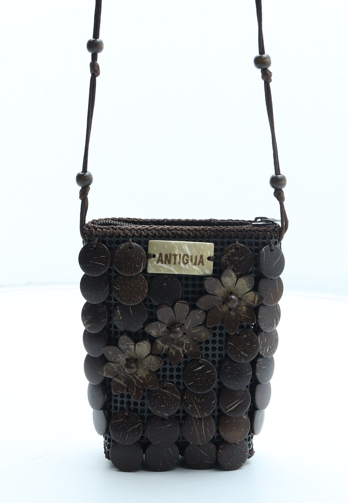 Antigua Womens Brown Plastic Shoulder Bag Size Small - Flower Detail