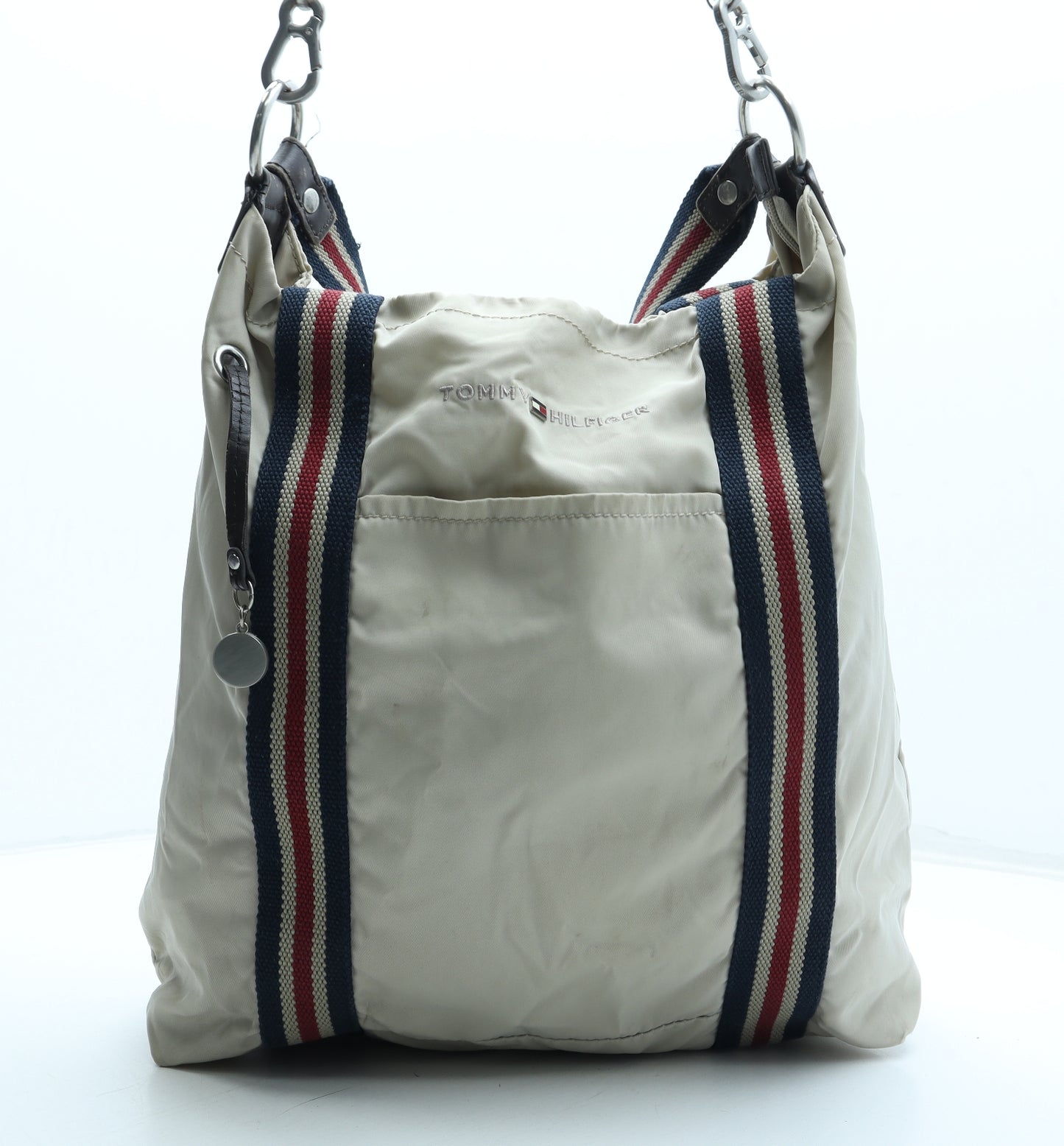 Tommy Hilfiger Mens Beige Striped Polyester Crossbody Size Medium - Logo