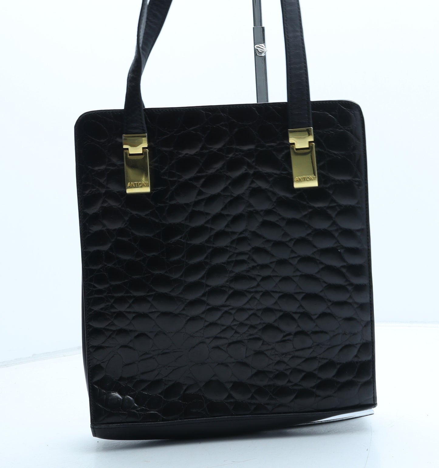 Antoni Womens Black Polyurethane Shoulder Bag Size Medium - Croc Texture