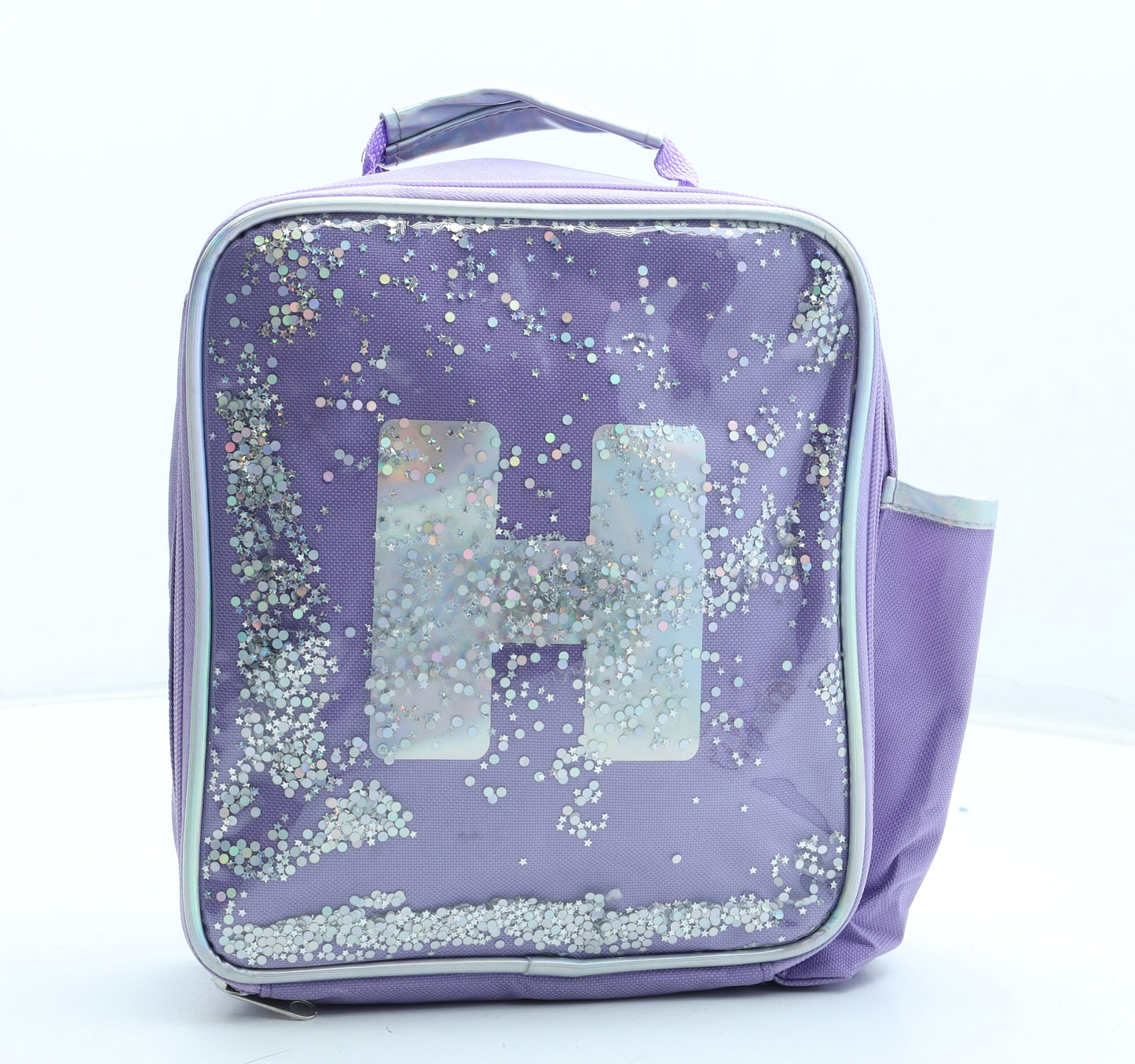 Preworn Girls Purple Geometric Polyester Top Handle Bag Size Small Zip - H Initial Lunch Bag