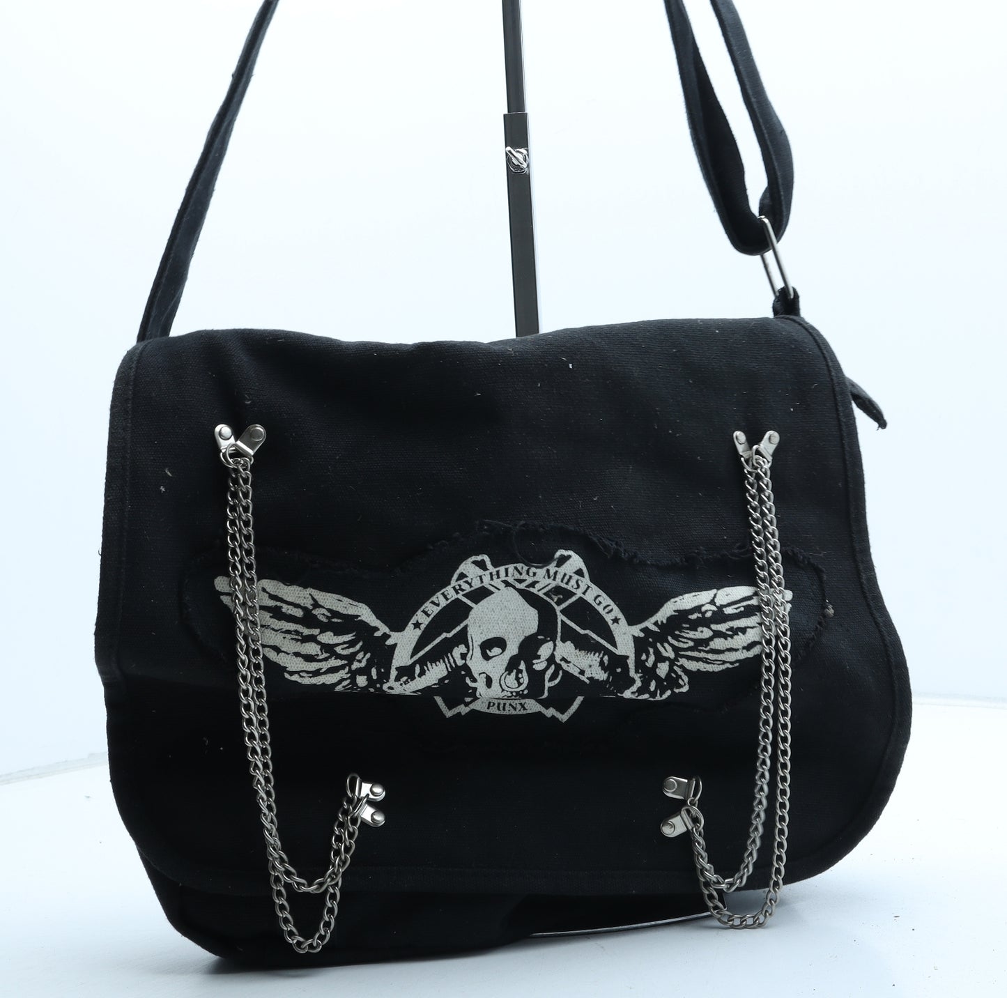 Everything Must Go Womens Black Polyester Crossbody Size Medium - Skull Print Chain Detail