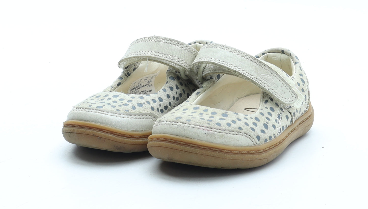 Clarks Girls Beige Polka Dot Leather Mary Jane Casual UK 3