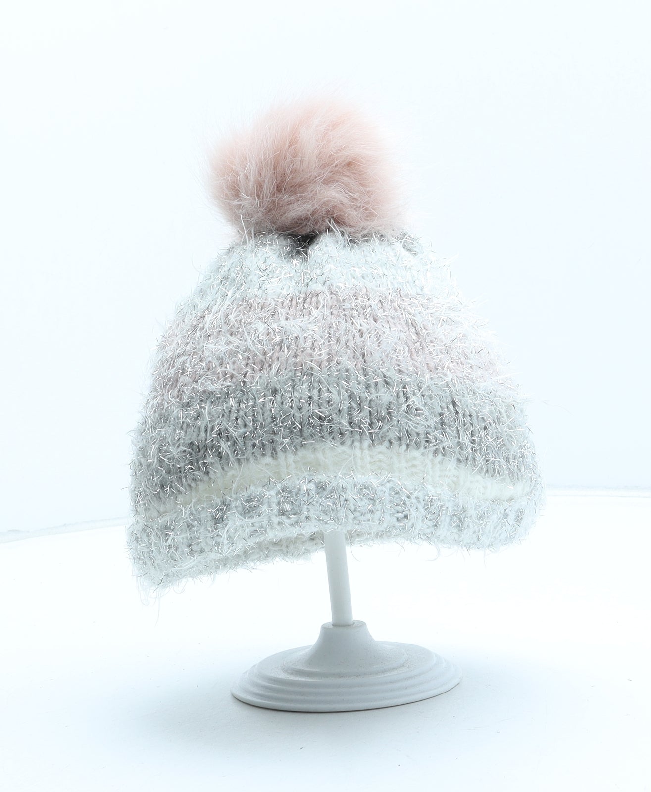 F&F Girls Silver Acrylic Bobble Hat One Size