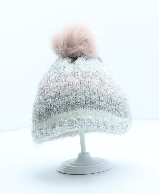 F&F Girls Silver Acrylic Bobble Hat One Size