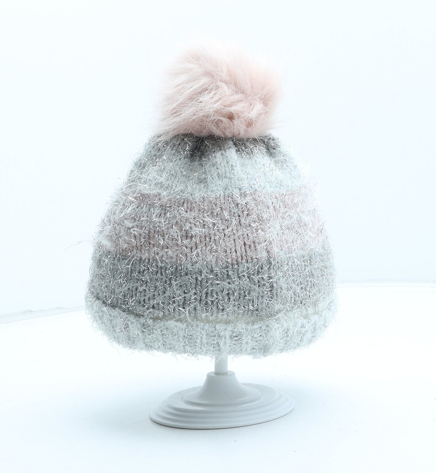 F&F Girls Silver Acrylic Bobble Hat One Size