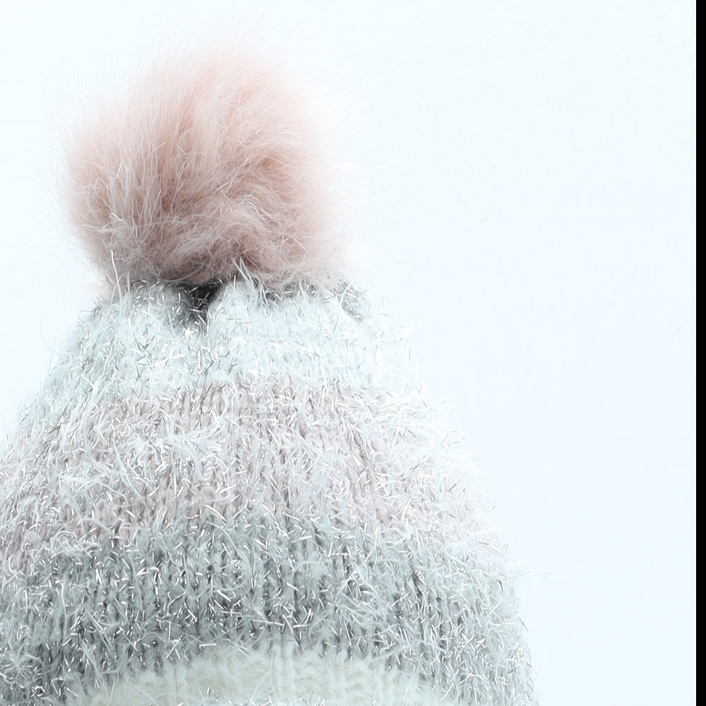 F&F Girls Silver Acrylic Bobble Hat One Size