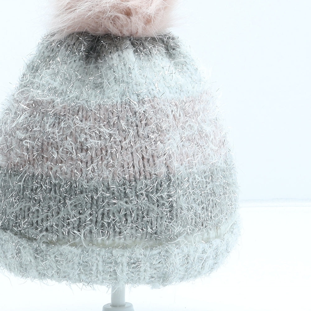 F&F Girls Silver Acrylic Bobble Hat One Size