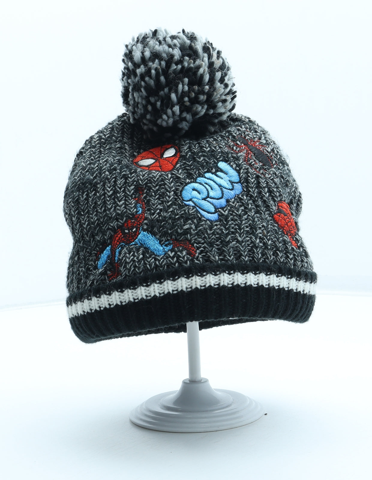 Marvel Boys Black Acrylic Bobble Hat Size S - Spiderman Size 3-6 Years